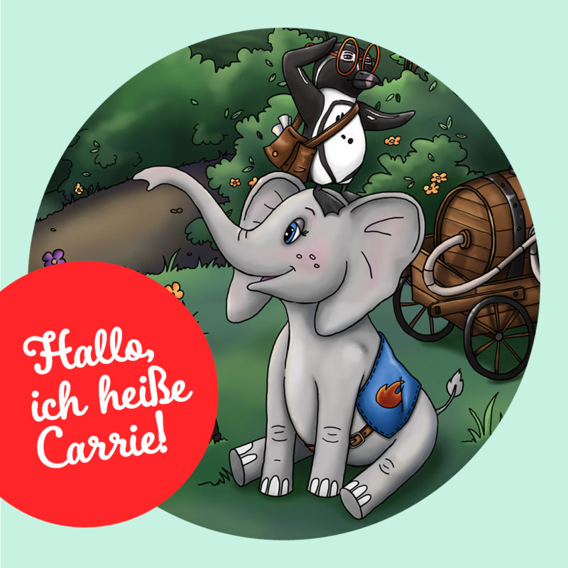 Carrie, das Maskottchen des CARRÉ Bad Cannstatt, in Feuerwehr-Ausrüstung